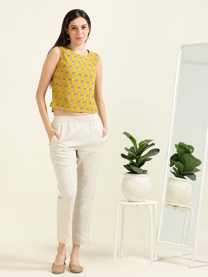 Mustard Playful Grace – Cotton & Linen Crop-Top Set (1KB-4-B18)