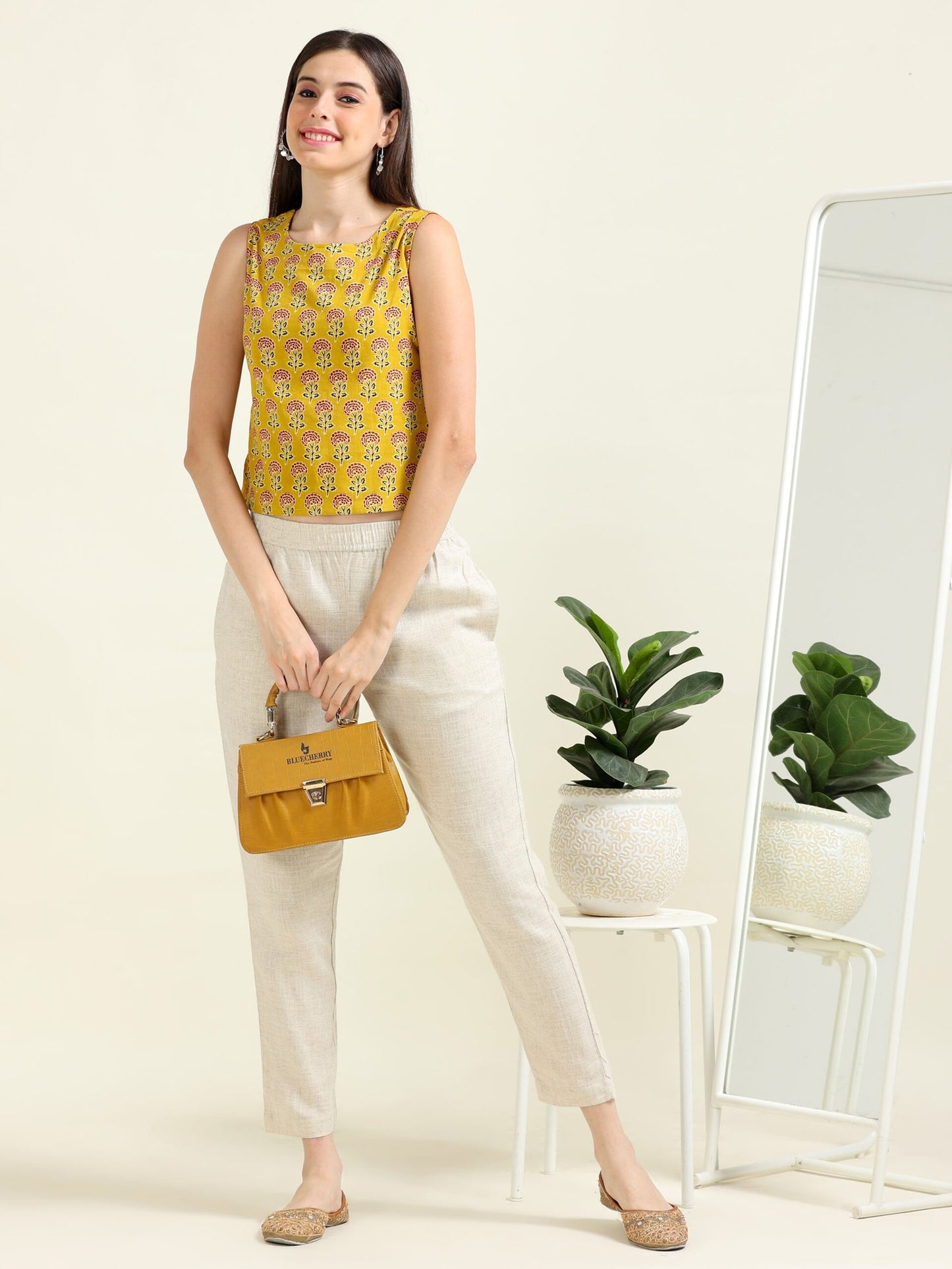 Mustard Playful Grace – Cotton & Linen Crop-Top Set (1KB-4-B18)