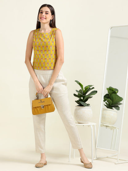 Mustard Playful Grace – Cotton & Linen Crop-Top Set (1KB-4-B18)