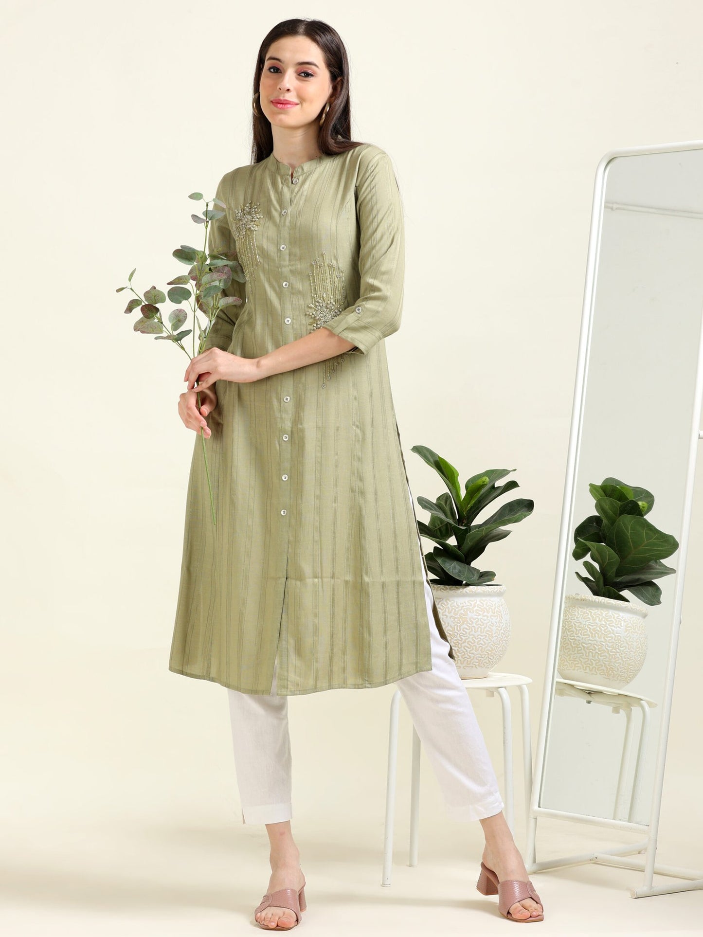 Olive Everyday Elegance – Striped Cotton Blend A-Line Kurti  (1KB-5-A6)