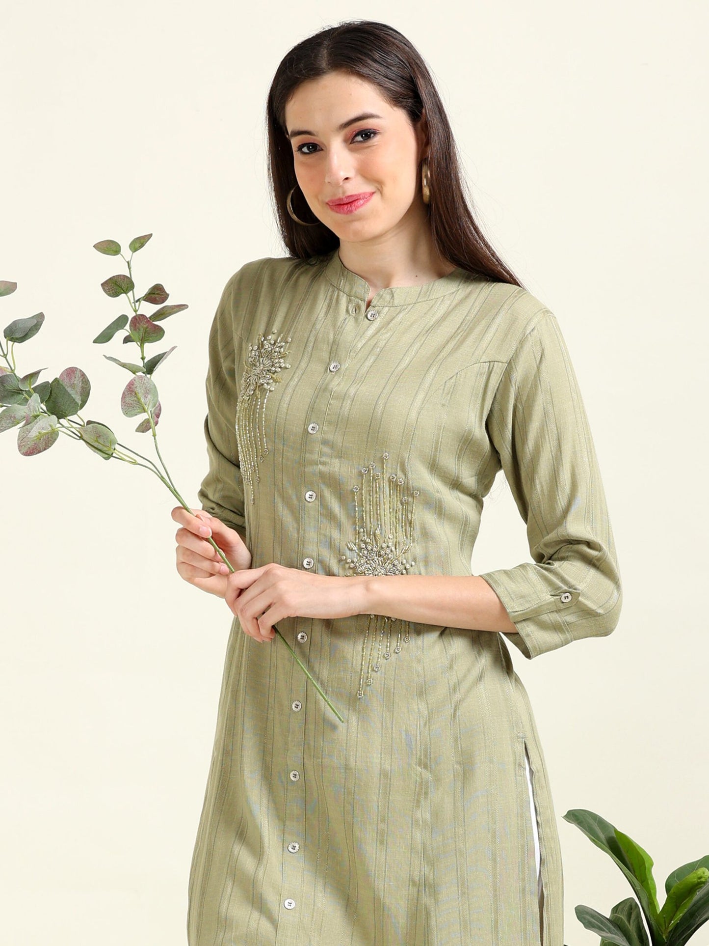 Olive Everyday Elegance – Striped Cotton Blend A-Line Kurti  (1KB-5-A6)