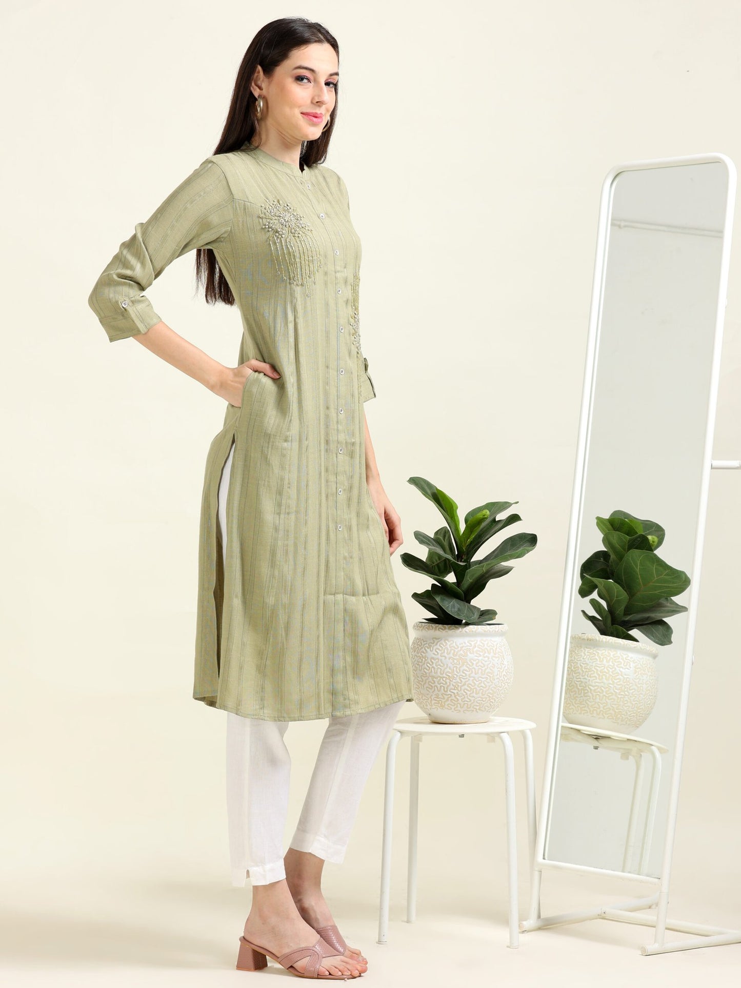 Olive Everyday Elegance – Striped Cotton Blend A-Line Kurti  (1KB-5-A6)