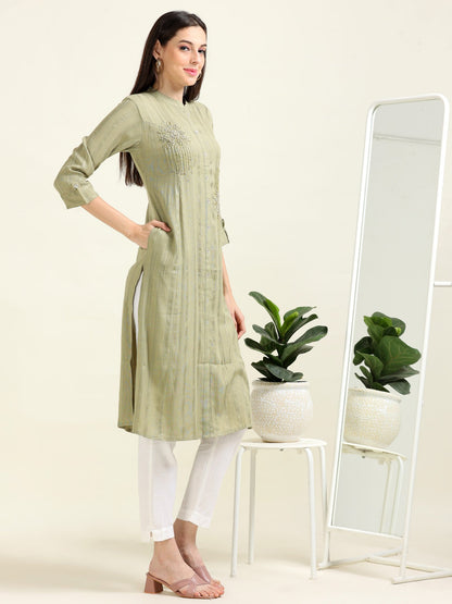 Olive Everyday Elegance – Striped Cotton Blend A-Line Kurti  (1KB-5-A6)