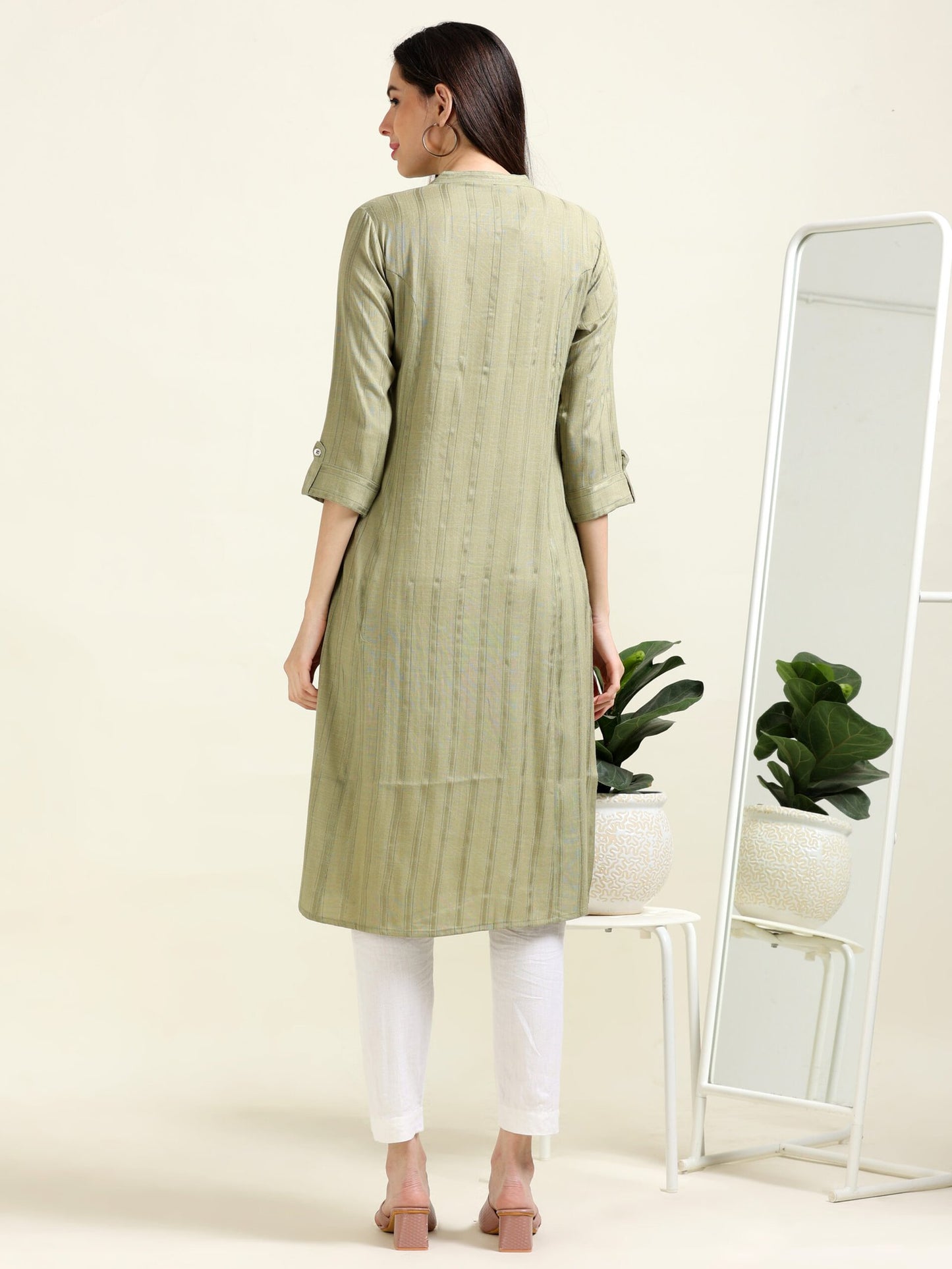 Olive Everyday Elegance – Striped Cotton Blend A-Line Kurti  (1KB-5-A6)