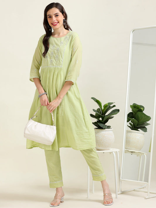 Pistachio Breeze – Pista Green A-Line Cotton Kurti 2 piece Set (1KB-5-B4)