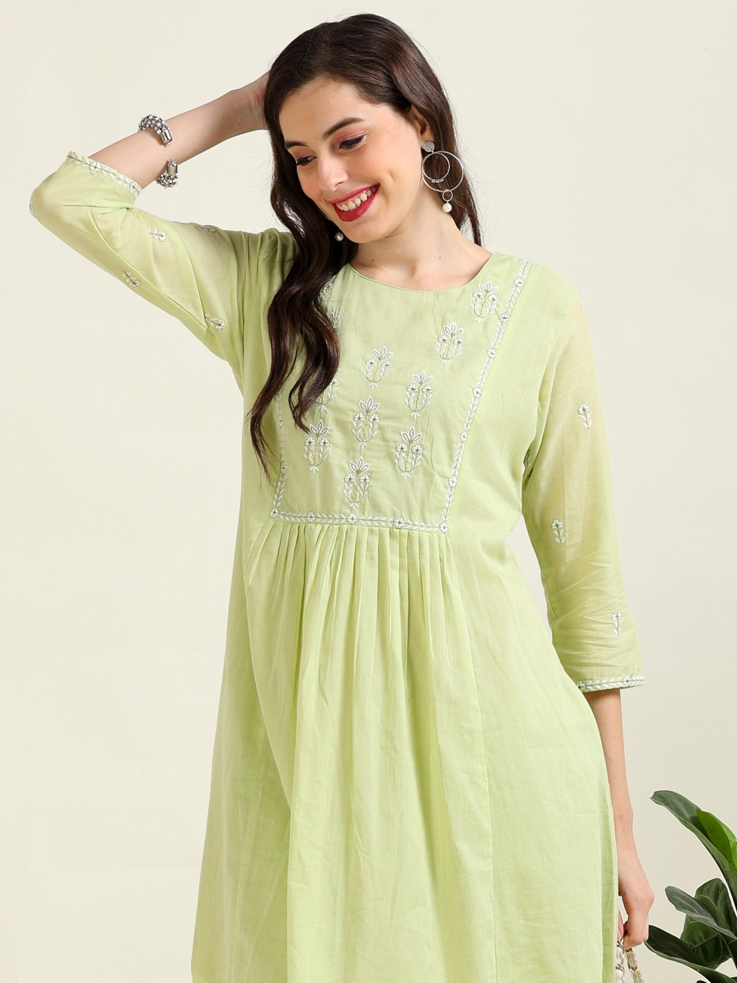Pistachio Breeze – Pista Green A-Line Cotton Kurti 2 piece Set (1KB-5-B4)