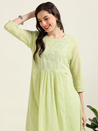 Pistachio Breeze – Pista Green A-Line Cotton Kurti 2 piece Set (1KB-5-B4)