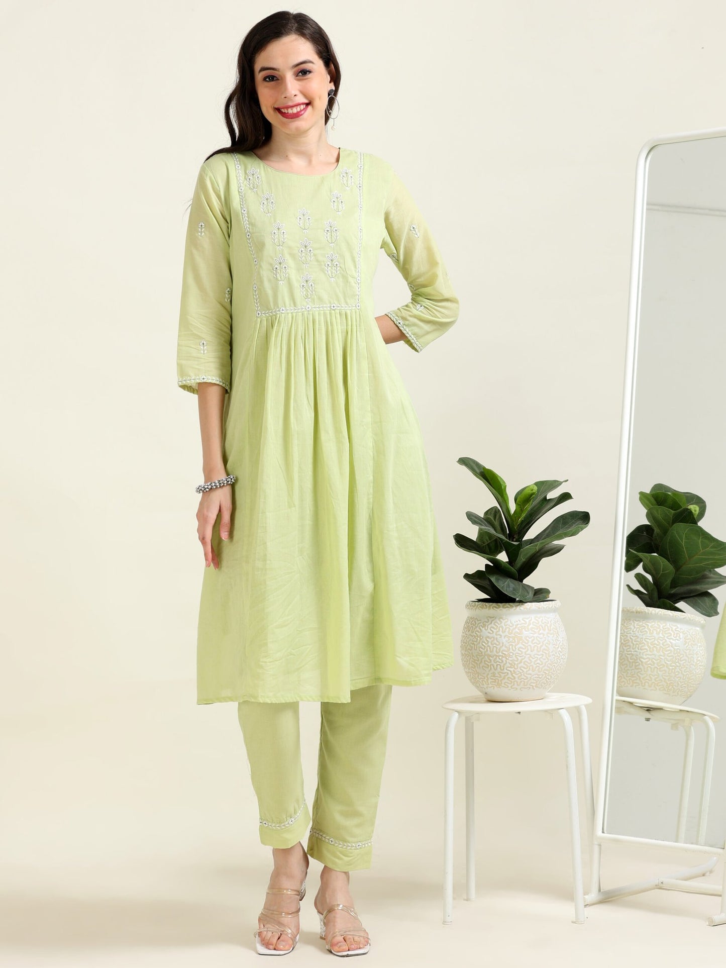 Pistachio Breeze – Pista Green A-Line Cotton Kurti 2 piece Set (1KB-5-B4)