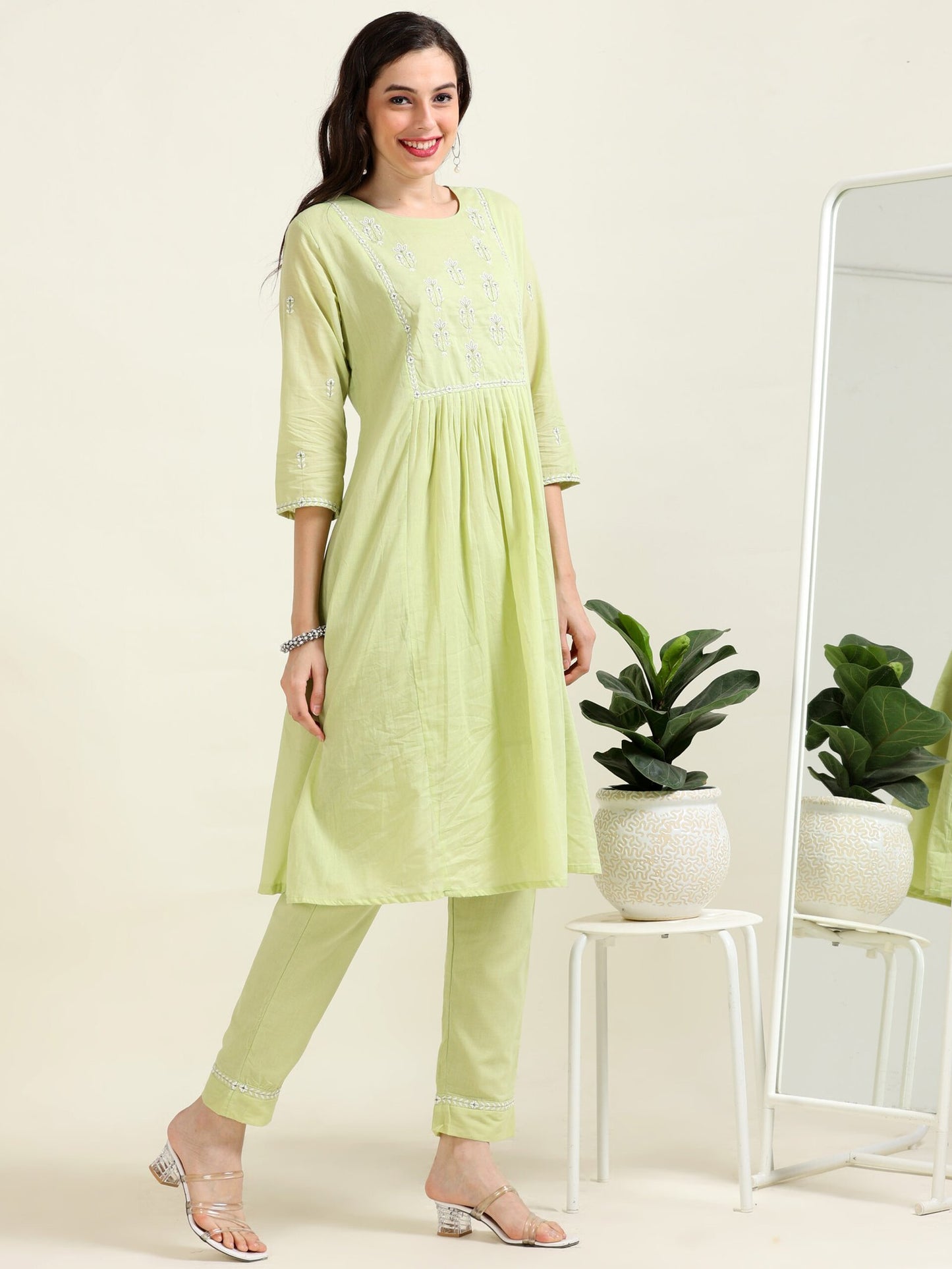 Pistachio Breeze – Pista Green A-Line Cotton Kurti 2 piece Set (1KB-5-B4)