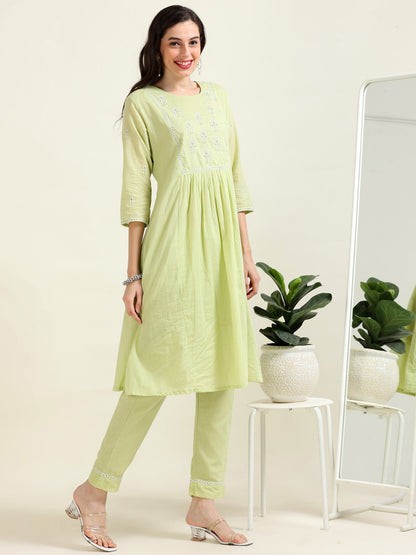 Pistachio Breeze – Pista Green A-Line Cotton Kurti 2 piece Set (1KB-5-B4)
