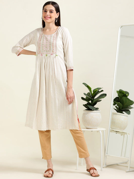 Off-White Embroidered Charm – Cotton-Linen A-Line Kurti (1KB-9-A10)