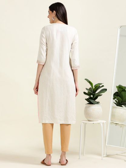 Off-White Embroidered Charm – Cotton-Linen A-Line Kurti (1KB-9-A10)
