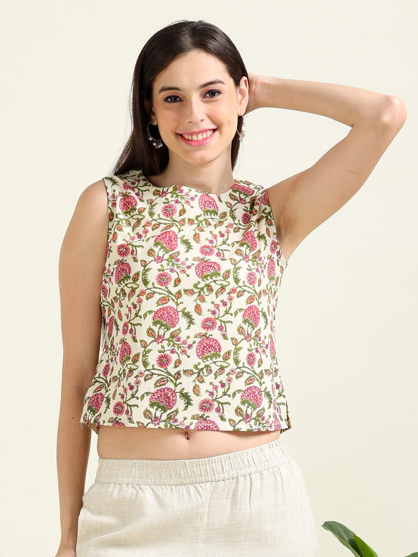 Cream Boho Charm – Cotton Sleeveless Crop-Top (1KB-9-B16)