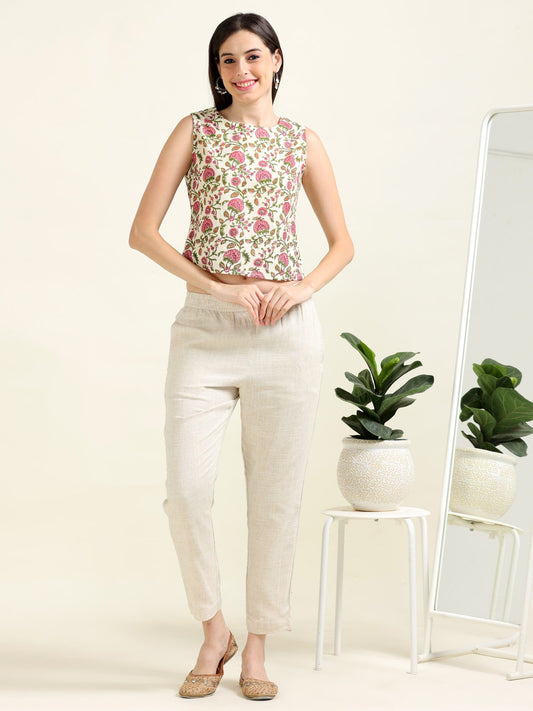 Cream Boho Charm – Cotton Sleeveless Crop-Top (1KB-9-B16)