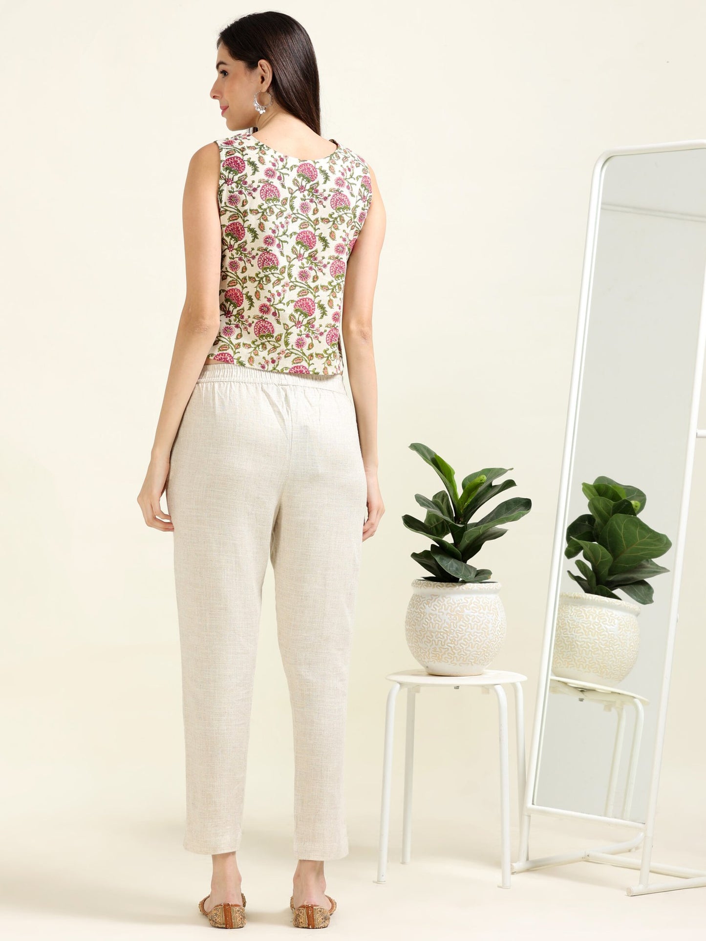 Cream Boho Charm – Cotton Sleeveless Crop-Top (1KB-9-B16)