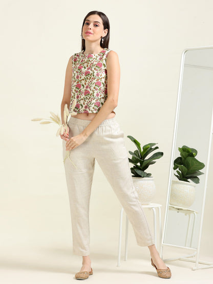 Cream Boho Charm – Cotton Sleeveless Crop-Top (1KB-9-B16)