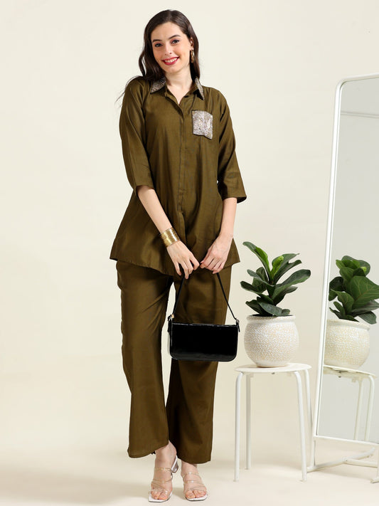 Olive Urban Chic – Indo-Western Handworked Co-Ord Set (1KI-5-B6)