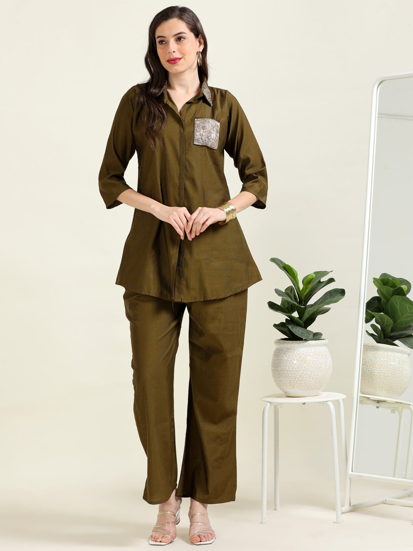 Olive Urban Chic – Indo-Western Handworked Co-Ord Set (1KI-5-B6)