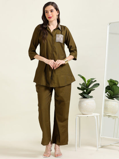 Olive Urban Chic – Indo-Western Handworked Co-Ord Set (1KI-5-B6)