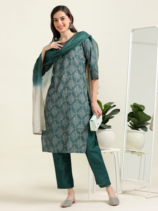 Teal Bandhani Charm – Viscose-Organza 3-Piece Set (1KI-6-C3)