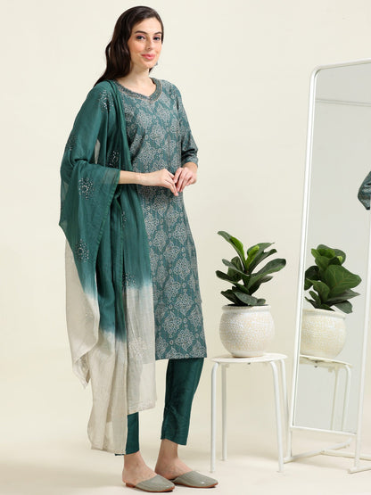 Teal Bandhani Charm – Viscose-Organza 3-Piece Set (1KI-6-C3)