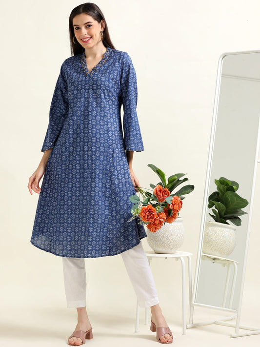 Blue Gilded Grace – Embellished A-Line Cotton Kurti (1MF-6-A3)