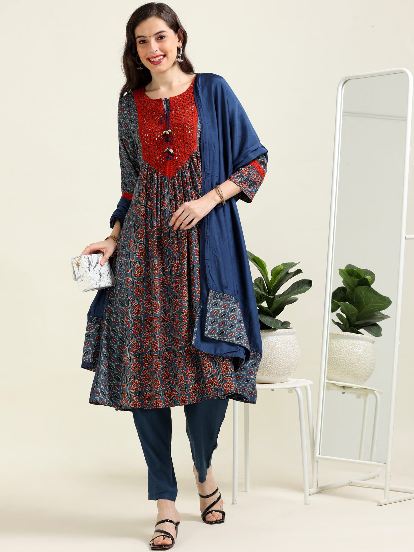 Azure Symphony – Blue Ajrak Cotton-Modal Anarkali 3 piece set (1MF-6-C2)
