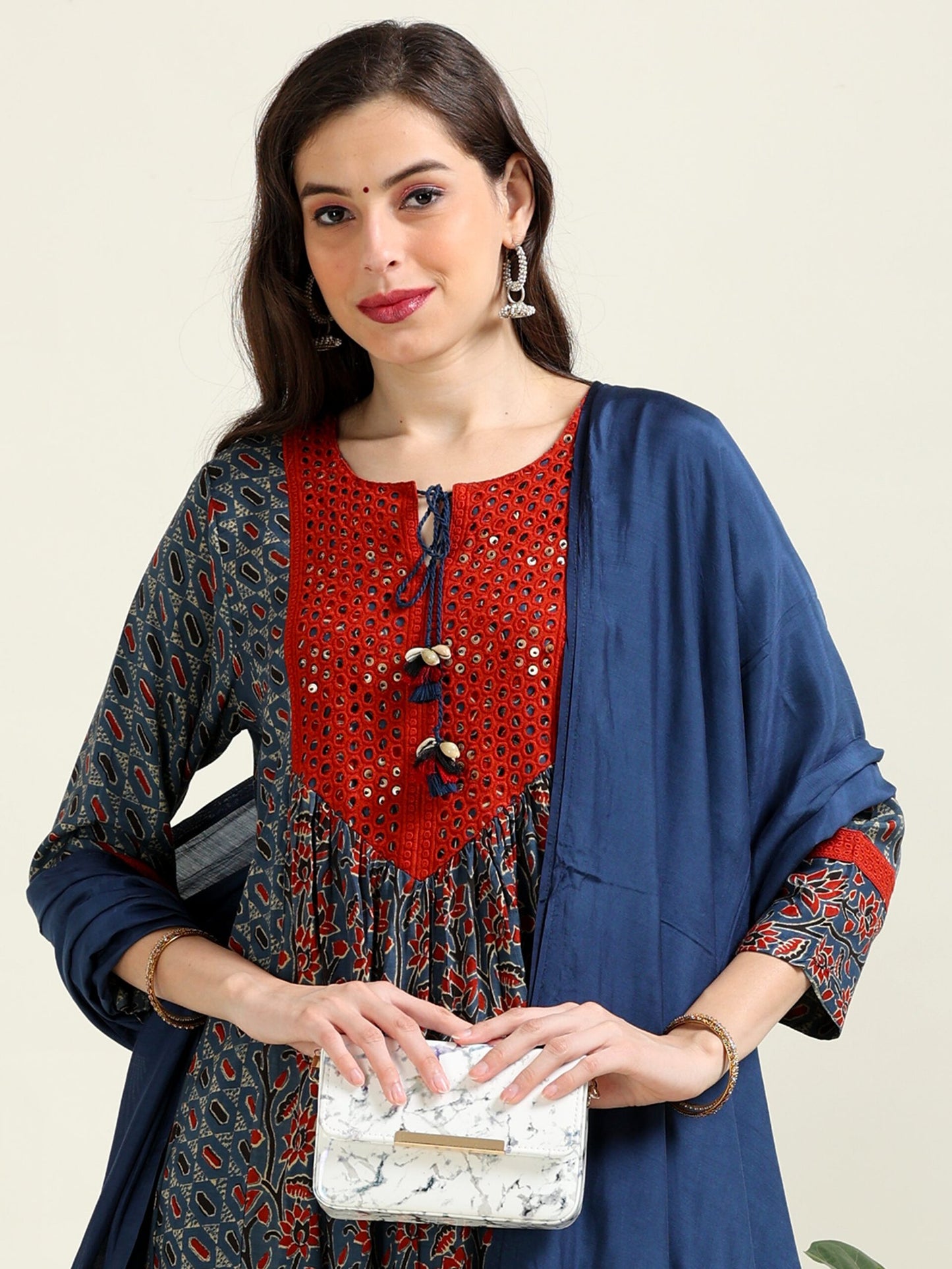 Azure Symphony – Blue Ajrak Cotton-Modal Anarkali 3 piece set (1MF-6-C2)