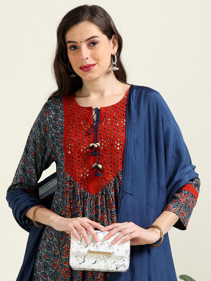 Azure Symphony – Blue Ajrak Cotton-Modal Anarkali 3 piece set (1MF-6-C2)