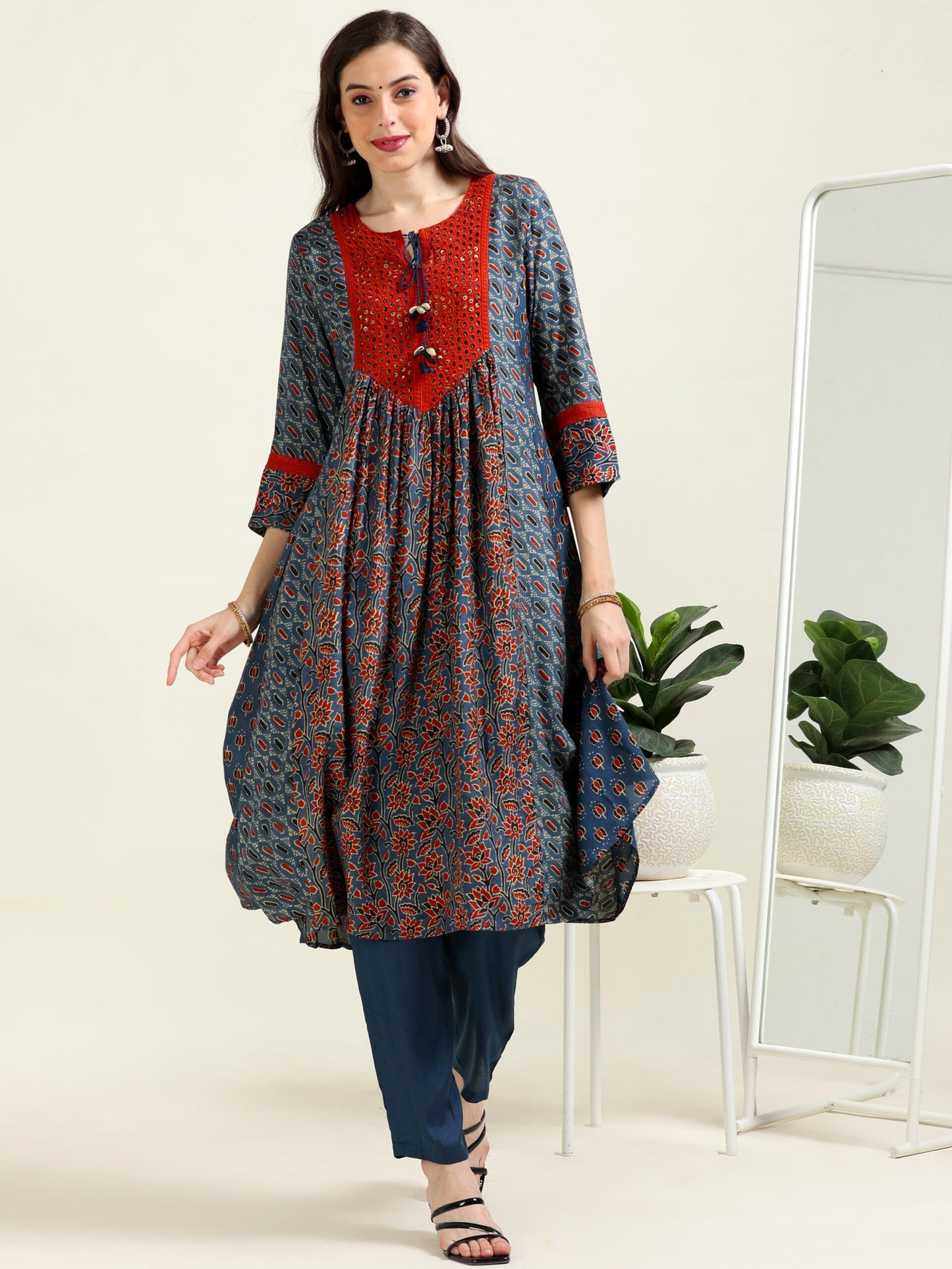 Azure Symphony – Blue Ajrak Cotton-Modal Anarkali 3 piece set (1MF-6-C2)