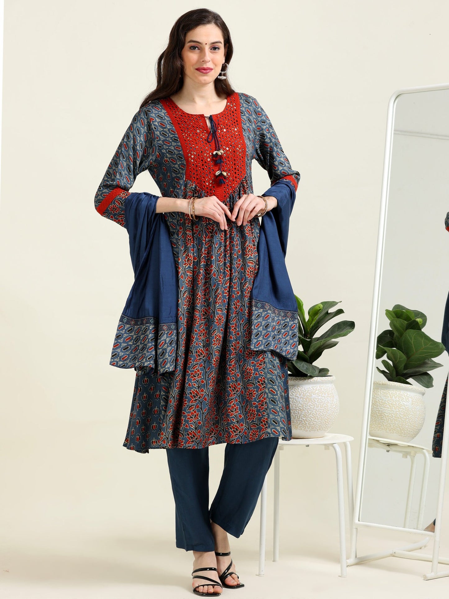 Azure Symphony – Blue Ajrak Cotton-Modal Anarkali 3 piece set (1MF-6-C2)