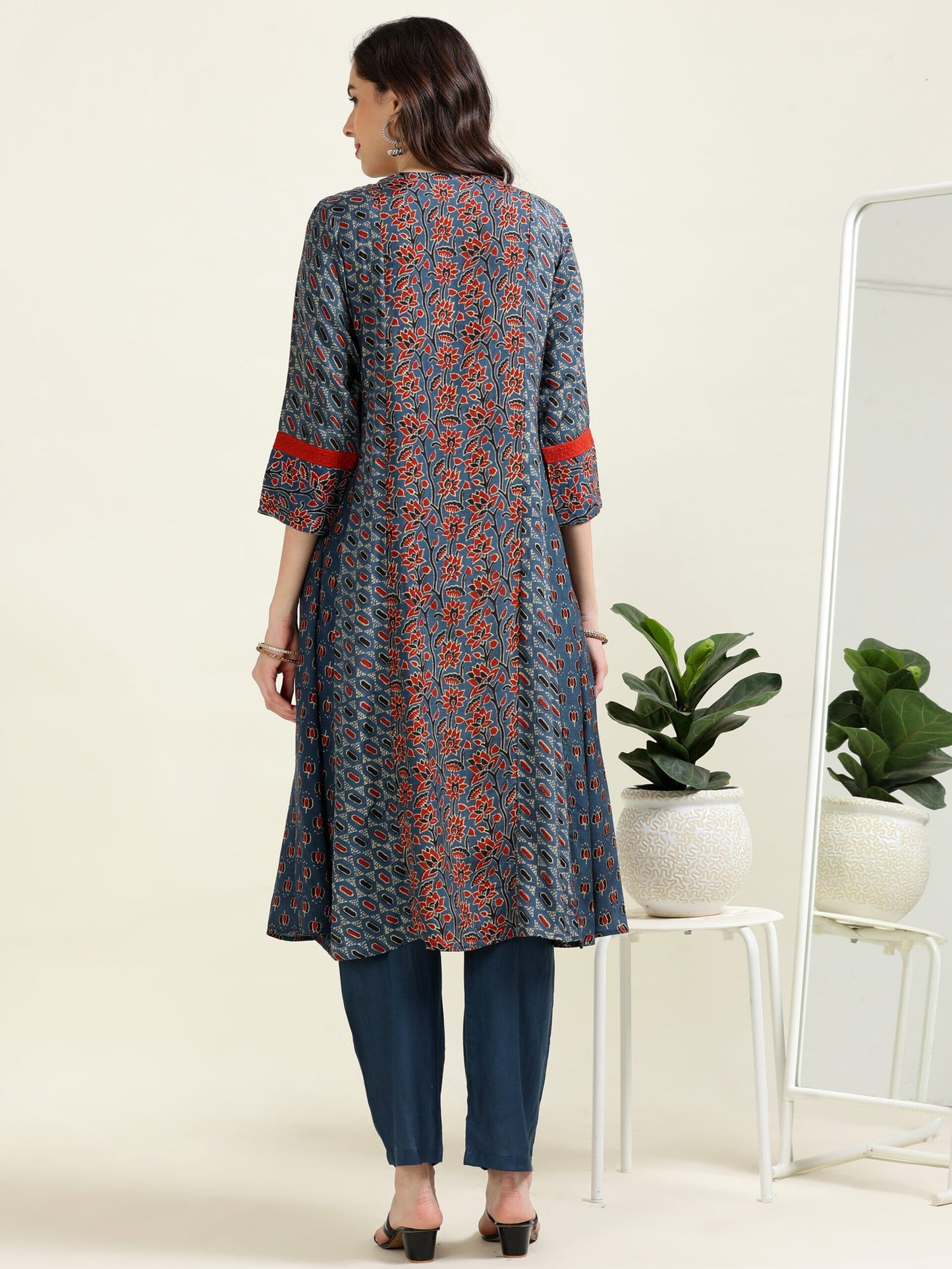 Azure Symphony – Blue Ajrak Cotton-Modal Anarkali 3 piece set (1MF-6-C2)