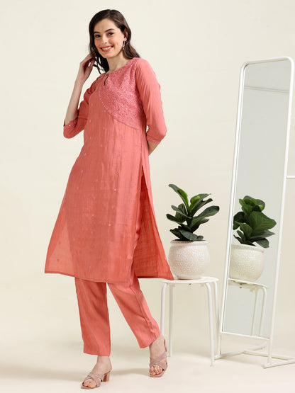 Peach Embroidered Sophistication – Cotton Blend Co-ord Set (1NH-2-B15)