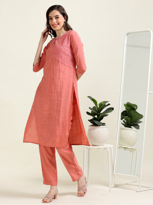 Peach Embroidered Sophistication – Cotton Blend Co-ord Set (1NH-2-B15)