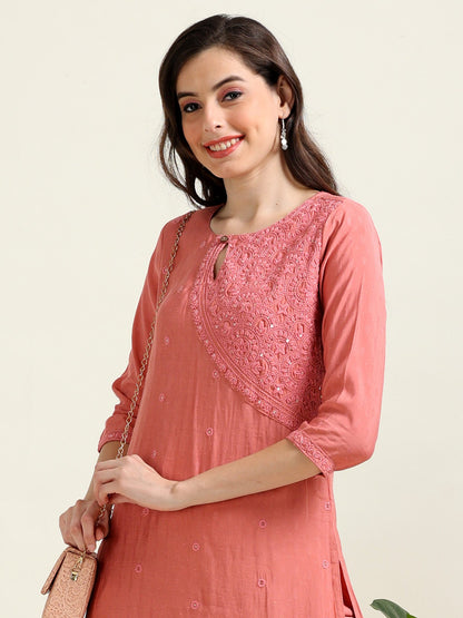 Peach Embroidered Sophistication – Cotton Blend Co-ord Set (1NH-2-B15)