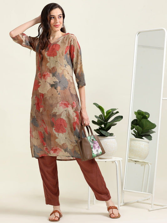 Brown Satin Digital Charm – Cotton-Viscose Kurti 2-Piece Set  (1NH-2-B8)