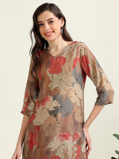 Brown Satin Digital Charm – Cotton-Viscose Kurti 2-Piece Set  (1NH-2-B8)