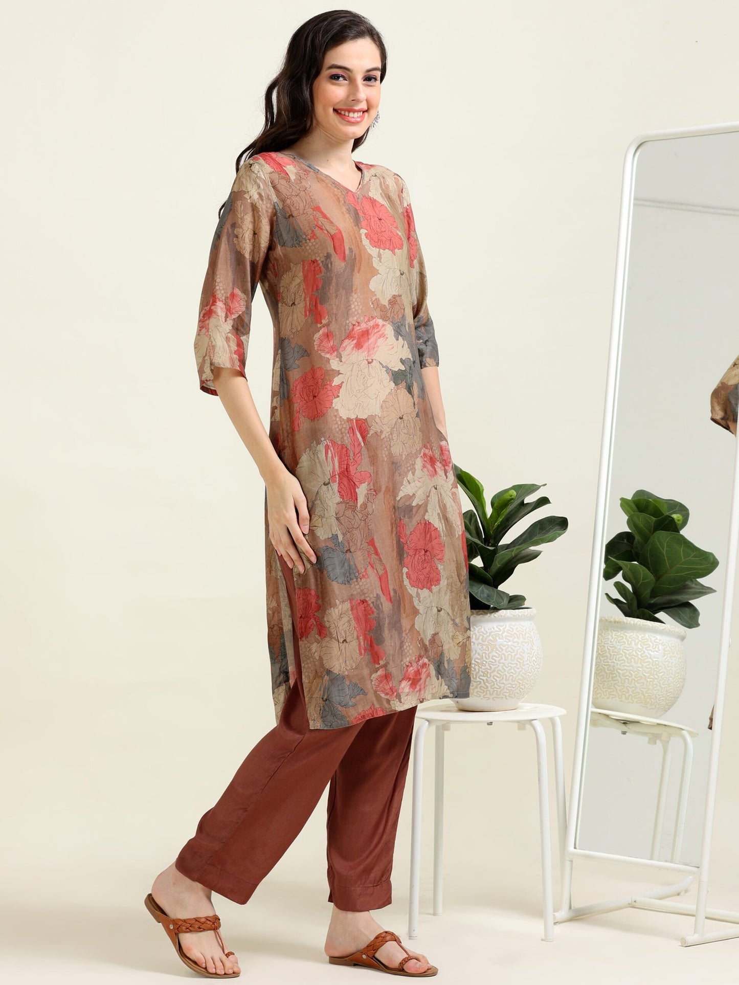 Brown Satin Digital Charm – Cotton-Viscose Kurti 2-Piece Set  (1NH-2-B8)