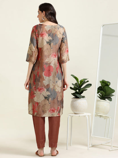 Brown Satin Digital Charm – Cotton-Viscose Kurti 2-Piece Set  (1NH-2-B8)