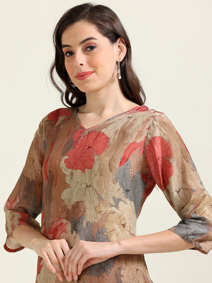 Brown Satin Digital Charm – Cotton-Viscose Kurti 2-Piece Set  (1NH-2-B8)