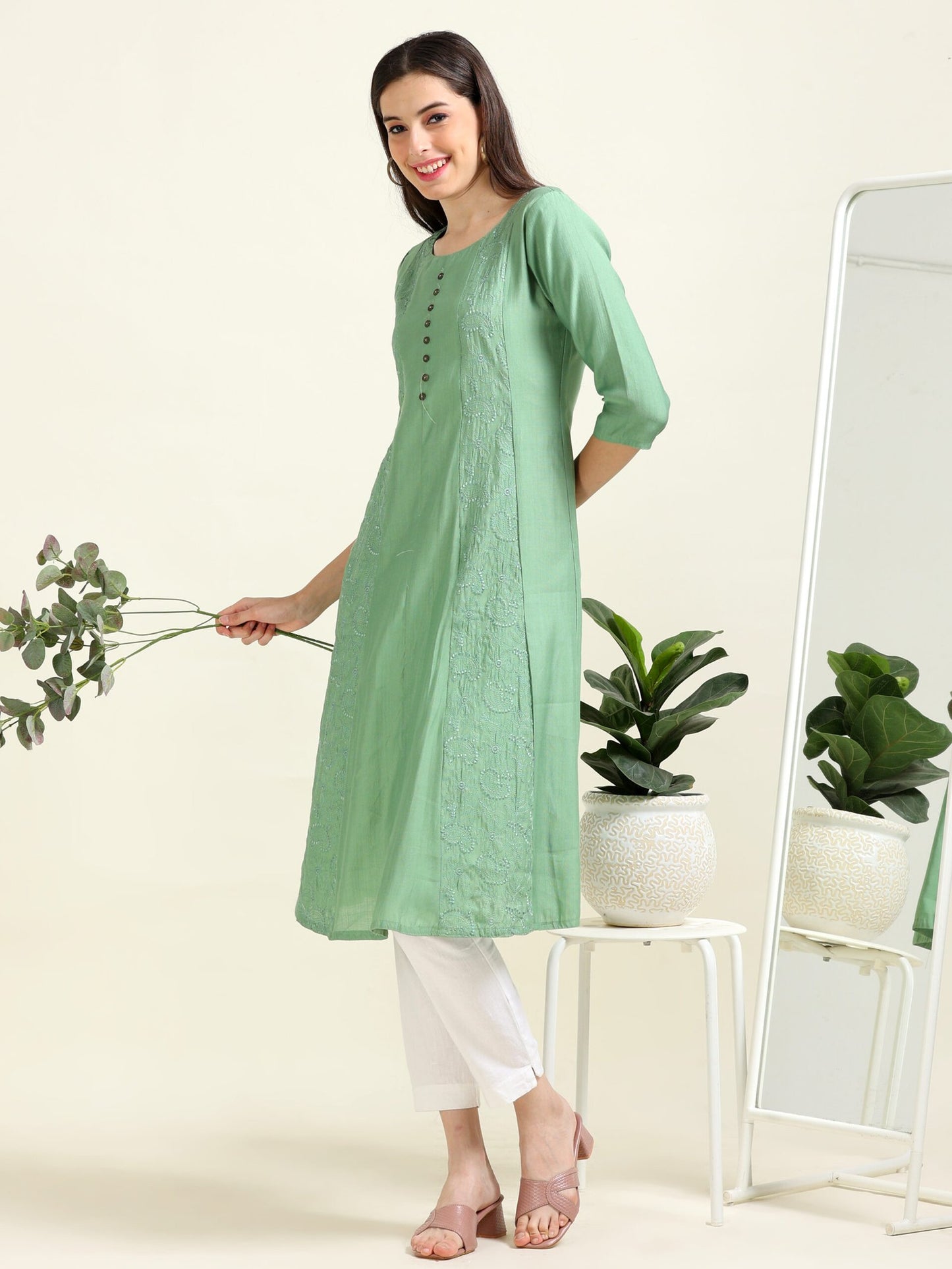 Sea Green Serenity – Embroidered Cotton Blend A-Line Kurti  (1NH-5-A9)
