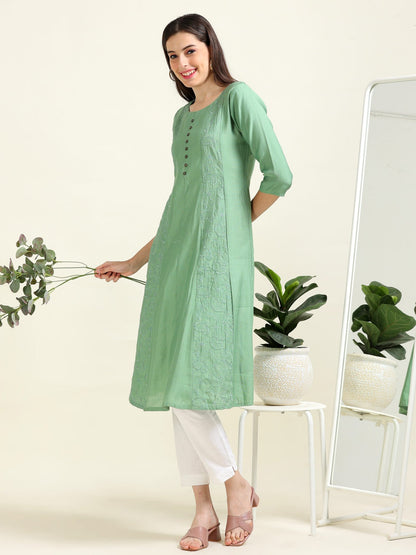 Sea Green Serenity – Embroidered Cotton Blend A-Line Kurti  (1NH-5-A9)