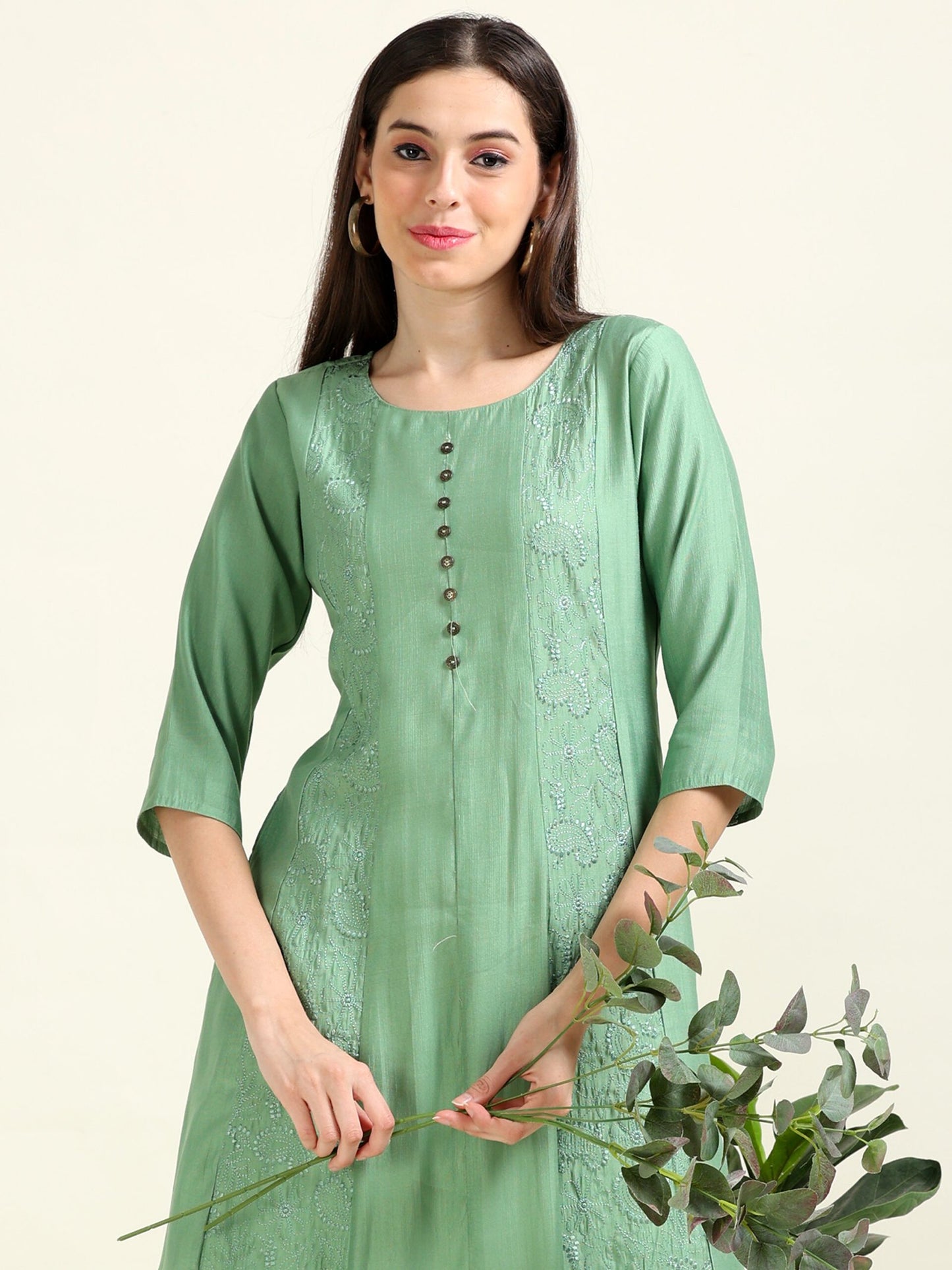 Sea Green Serenity – Embroidered Cotton Blend A-Line Kurti  (1NH-5-A9)