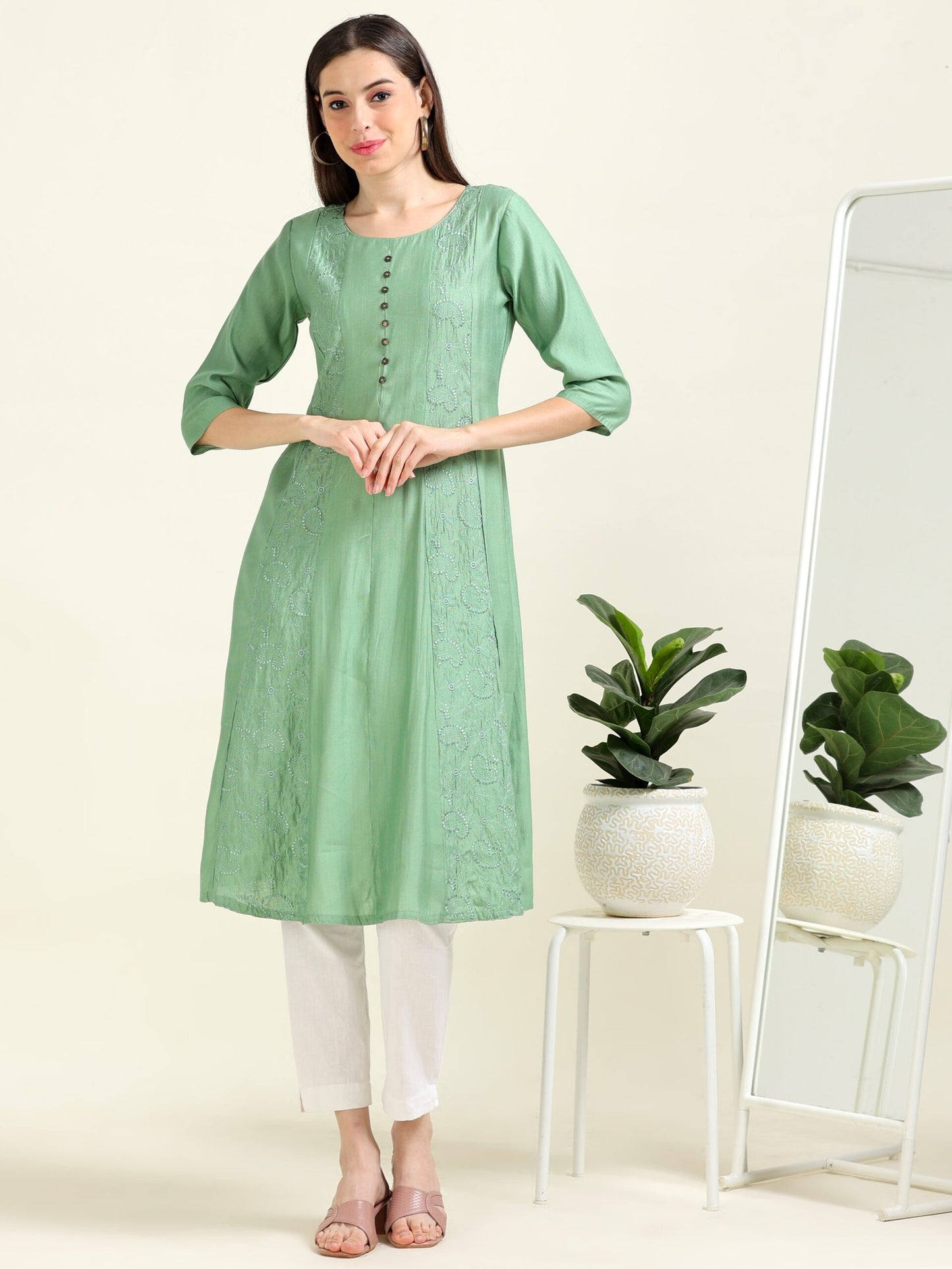 Sea Green Serenity – Embroidered Cotton Blend A-Line Kurti  (1NH-5-A9)