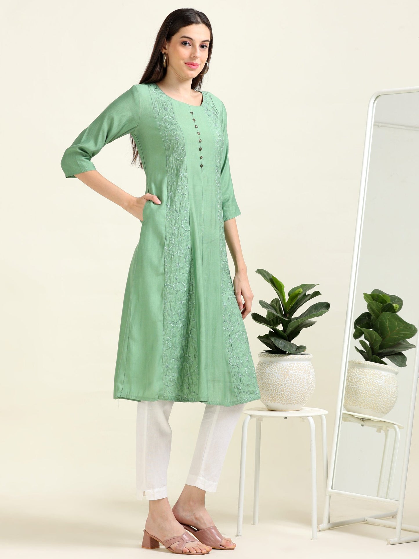 Sea Green Serenity – Embroidered Cotton Blend A-Line Kurti  (1NH-5-A9)