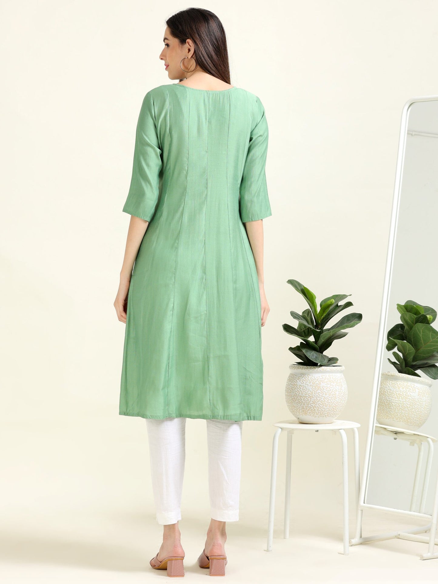 Sea Green Serenity – Embroidered Cotton Blend A-Line Kurti  (1NH-5-A9)