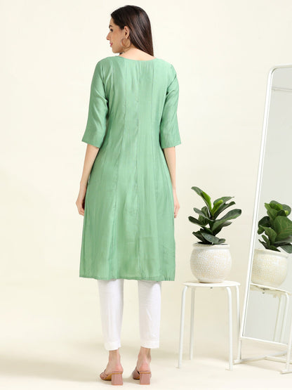 Sea Green Serenity – Embroidered Cotton Blend A-Line Kurti  (1NH-5-A9)