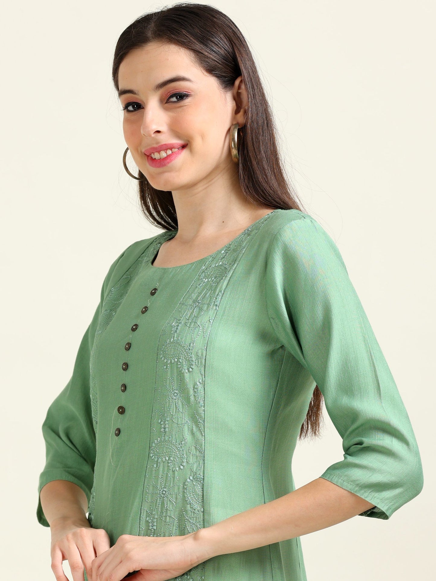 Sea Green Serenity – Embroidered Cotton Blend A-Line Kurti  (1NH-5-A9)