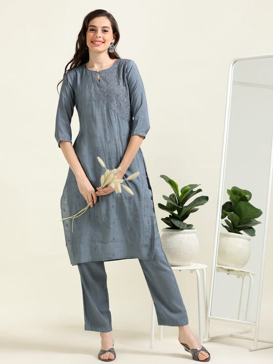 Gray Embroidered Luxe – Self-Jacquard Cotton Co-ord Set (1NH-6-B14)