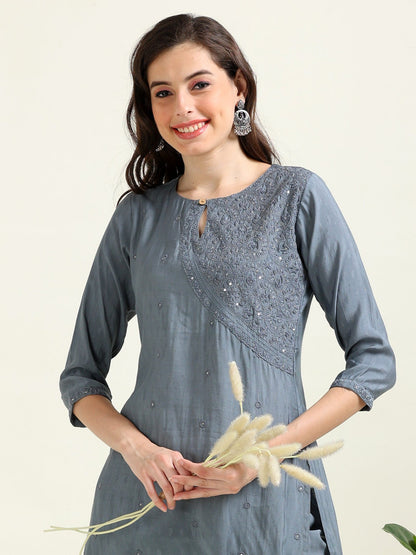 Gray Embroidered Luxe – Self-Jacquard Cotton Co-ord Set (1NH-6-B14)
